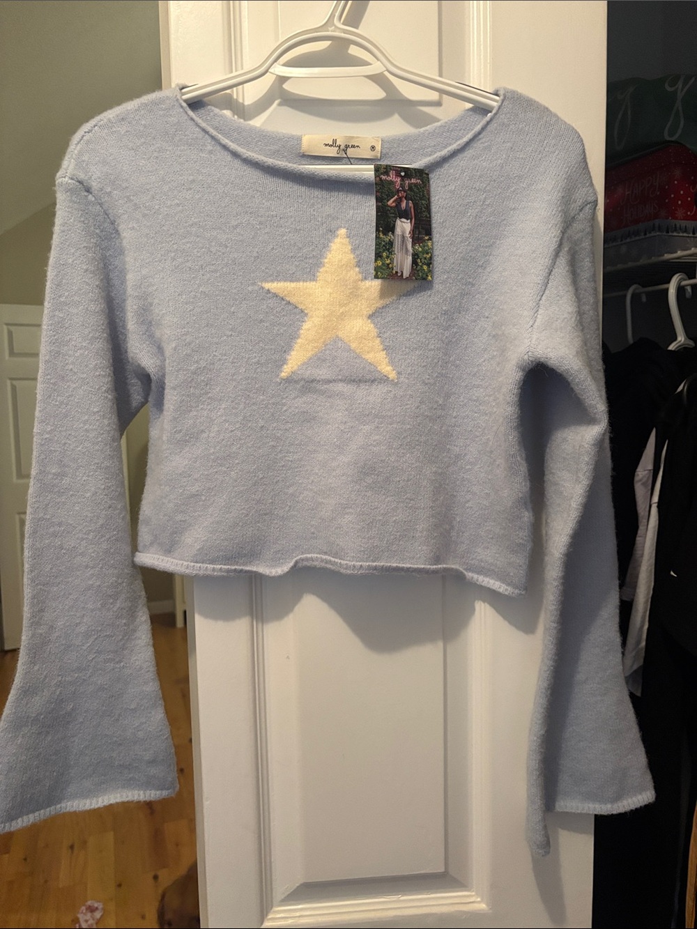 Milly Green Light Blue Star Cropped Sweater